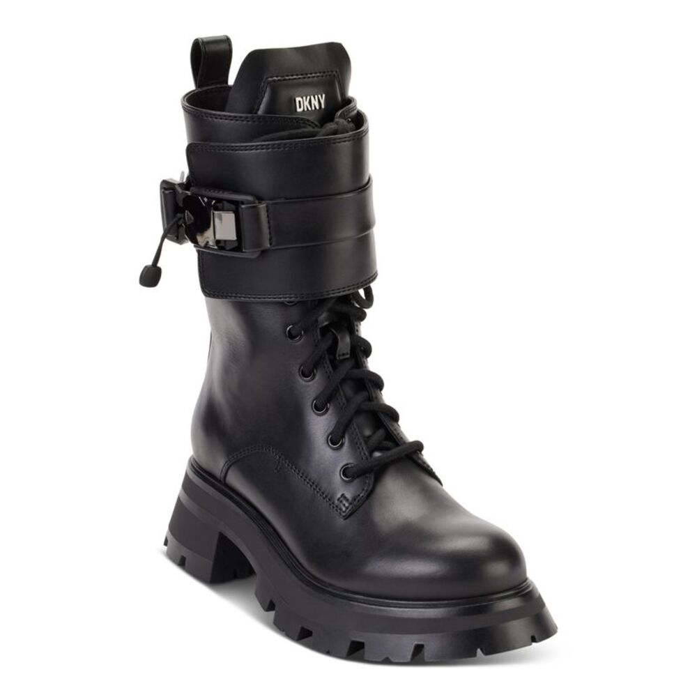 DKNY Womens Black 1" Platform Buckled Sava Toe Block Heel Leather Combat Boots 5